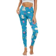 COEQINE Women 4-Way Stretch Yoga Pants with Pockets High Waisted Tummy Control Buttery Soft Running Workout Leggings Hip Lift Casual Tights, Cat Moon Planet Star Cloud Blue, XL