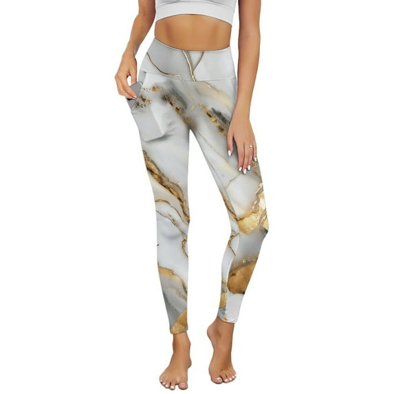 COEQINE Women 4-Way Stretch Yoga Pants with Pockets Tummy Control Buttery Soft High Waisted Athletic Leggings White Gold Marble Breathable Comfortable Tights for Hiking, XS