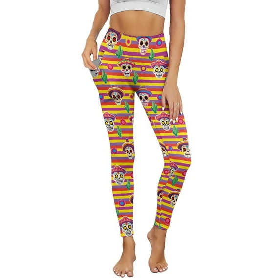 COEQINE Women Athletic Yoga Leggings with Pockets No See Through Tummy Control High Waisted Full-Length Gym Pants Compression Hip Lift Casual Tights, Skull Hat Cactus Flower Stripes, M
