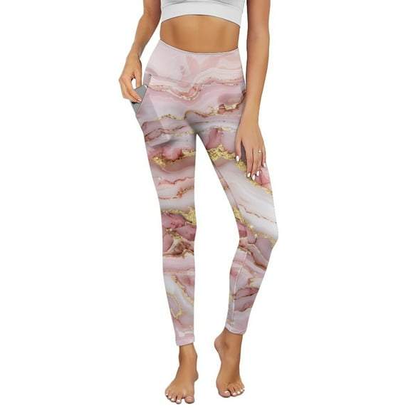 COEQINE Women Breathable Yoga Pants with Pockets High Waisted Casual Tummy Control Workout Leggings Pink Gold Marble Buttery Soft Stretchy Hip Lift Tights for Hiking, L