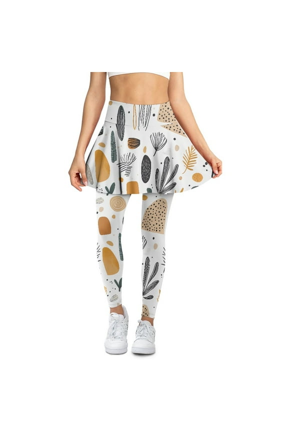 Women Breathable Yoga Skirted Legging with Pockets Abstract Boho Geometric Art White Print Elastic Pleated Tennis Skirts with Leggings Fashion Golf Leggings, XS