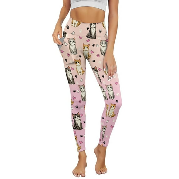 COEQINE Women Buttery Soft Yoga Pants with Pockets 4-Way Stretch Tummy Control High Waisted Running Workout Leggings Breathable No See Through Tights, Cat Heart Paw Print Pink, S