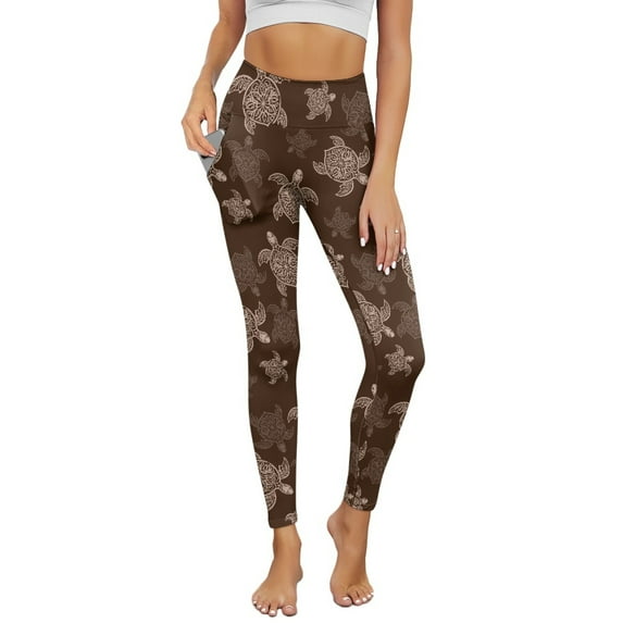 COEQINE Women Buttery Soft Yoga Pants with Pockets High Waisted Breathable Tummy Control Athletic Leggings Sea Turtle Brown 4-Way Stretch No See Through Tights for Hiking, 3XL