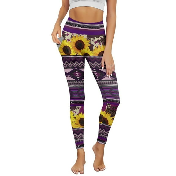 COEQINE Women Buttery Soft Yoga Pants with Pockets Tummy Control High Waisted 4-Way Stretch Athletic Leggings Breathable No See Through Casual Tights, Sunflower Cow Spot Violet American Tribal, XS