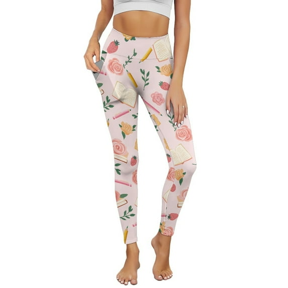 COEQINE Women Casual Yoga Leggings with Pockets Comfortable Hip Lift Casual Gym Pants Tummy Control High Waisted Stretchy Tights, Rose Book Strawberry Pencil Leaf Pink, S