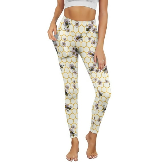 COEQINE Women Casual Yoga Leggings Tummy Control High Waisted 4-Way Stretch Gym Pants Buttery Soft Comfortable Hip Lift Tights with Pockets, Daisy Floral Bee Beehive, L