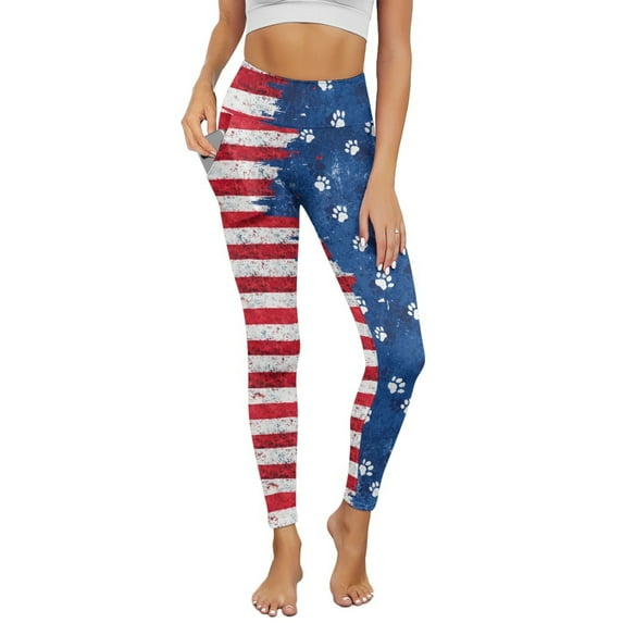 COEQINE Women Casual Yoga Pants with Pockets High Waisted Tummy Control Buttery Soft Athletic Leggings Stretchy No See Through Hip Lift Tights, Paw Print American Flag, L