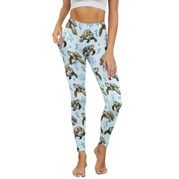 COEQINE Women Casual Yoga Pants with Pockets High Waisted Tummy Control Buttery Soft Athletic Leggings Stretchy No See Through Hip Lift Tights, Sea Turtle Coral Light Blue, 3XL