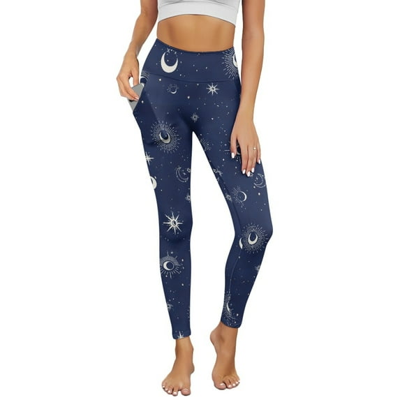 COEQINE Women Comfortable Yoga Leggings with Pockets High Waisted Buttery Soft Tummy Control Full-Length Pants Moon Planet Dark Blue Breathable Casual Tights, 2XL