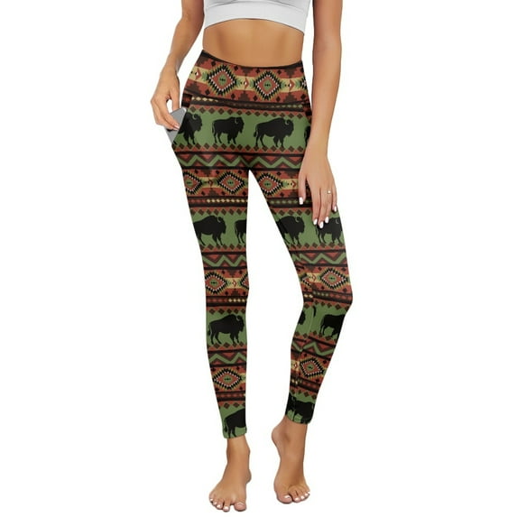 COEQINE Women Comfortable Yoga Pants with Pockets Buttery Soft Tummy Control High Waisted Athletic Leggings Compression Hip Lift Casual Tights, Cow American Tribal Brown Green, L