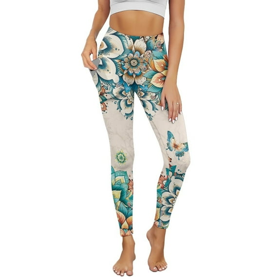 COEQINE Women Comfortable Yoga Pants with Pockets Hip Lift Tummy Control High Waisted Athletic Leggings Breathable No See Through Casual Tights, Bohemian Mandala Flower Butterfly, 2XL