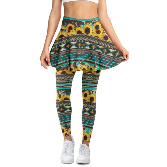 COEQINE Women Comfy Elastic Tennis Skirted Legging with Pockets Sunflower Floral American Aztec Print High Waist Fashion Yoga Skirts with Leggings Full Length Yoga Pants, XS