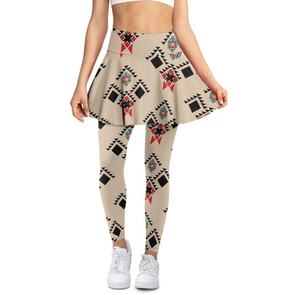 COEQINE Women Comfy High Waist Tennis Skirted Legging with Pockets Beige American Aztec Pattern Elastic Golf Leggings for Women Fashion Breathable Yoga Skirts with Leggings, 3XL