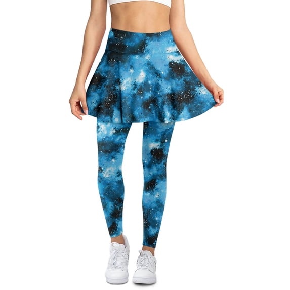 COEQINE Women Comfy Tennis Skirted Legging with Pockets Ruffle Pleated Elastic Fashion Golf Skirts with Leggings Blue Black Tie-Dye and Spot Print Full Length Yoga Pants, 2XL