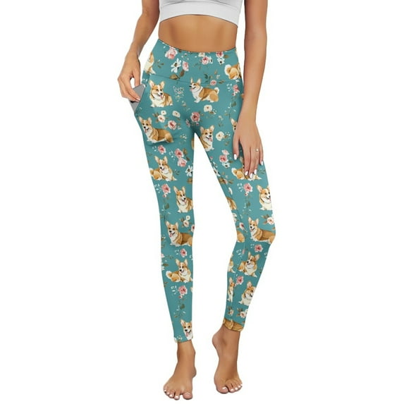 COEQINE Women Compression Yoga Pants with Pockets Tummy Control 4-Way Stretch High Waisted Athletic Leggings Casual No See Through Hip Lift Tights, Corgi Rose Leaf Dark Green, M