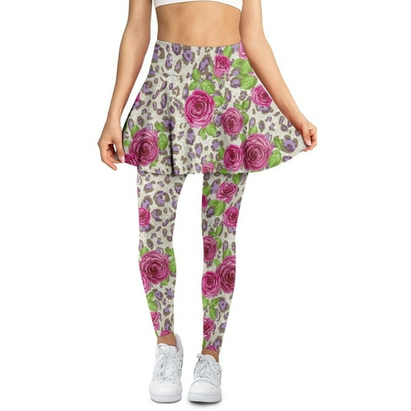 COEQINE Women Elastic Comfy Tennis Skirted Legging with Pockets Rose and Leopard Print Pattern High Waist Fashion Yoga Skirts for Women Breathable Golf Pickleball Leggings, 3XL