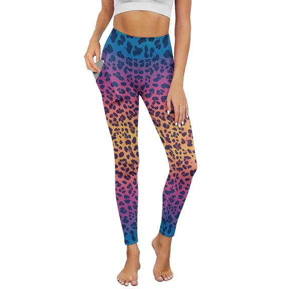 COEQINE Women Elastic Yoga Pants with Pockets Tummy Control Buttery Soft Comfortable Athletic Leggings Leopard Print High Waisted No See Through Tights for Hiking, 3XL