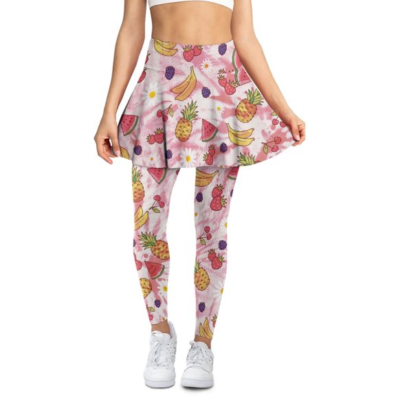 COEQINE Women Elastic Yoga Skirted Legging for Women with Pockets Fruity Red Pattern Breathable High Waist Tennis Skirts with Leggings Comfy Golf Pickleball Leggings, XS