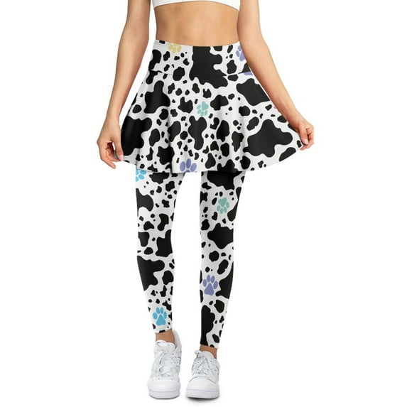 COEQINE Women Fashion Yoga Skirted Legging with Pockets High Waist Moisture-Wicking Tennis Leggings with Skirts Cow Spot and Multicolour Paw Print Pattern Golf Skort Pants, 2XL