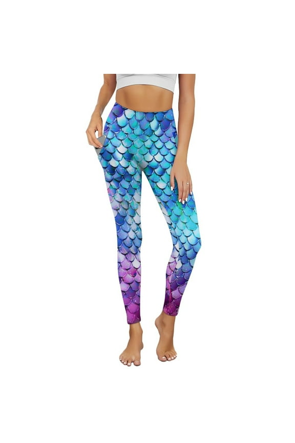 Women Full-Length Yoga Pants with Pockets High Waisted Tummy Control 4-Way Stretch Athletic Leggings Buttery Soft No See Through Tights, Blue Violet Mermaid Scales, XS