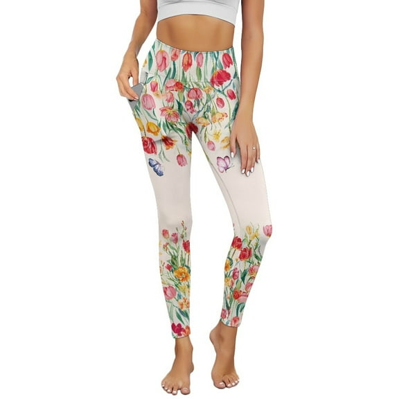 COEQINE Women Full-Length Yoga Pants with Pockets Tummy Control High Waisted 4-Way Stretch Running Workout Leggings Pink Tulip Butterfly Casual Buttery Soft Tights for Biking, 2XL