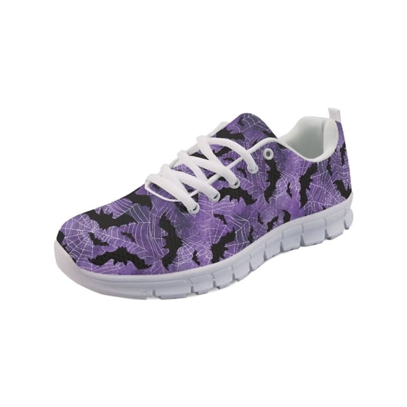 COEQINE Women Halloween Sneakers Breathable Mesh Lace Up Running Shoes Puppy Footprint Travel Outdoor White Sole Training Athletic Sport Footwear, Bat Cobweb Purple