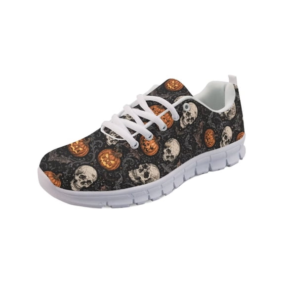 COEQINE Women Halloween Sneakers Running Walking Shoes White Sole Fashion Tennis Shoes for Travel Breathable Mesh Trainers Footwear, Gothic Skull Pumpkin Bat
