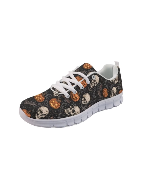 Women Halloween Sneakers Running Walking Shoes White Sole Fashion Tennis Shoes for Travel Breathable Mesh Trainers Footwear, Gothic Skull Pumpkin Bat