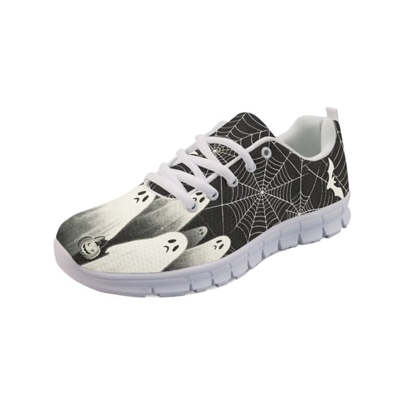 COEQINE Women Halloween Sneakers White Sole Mesh Breathable Lace Up Running Shoes for Travel Outdoor Athletic Sport Footwear, Vintage Ghost Cobweb Bat