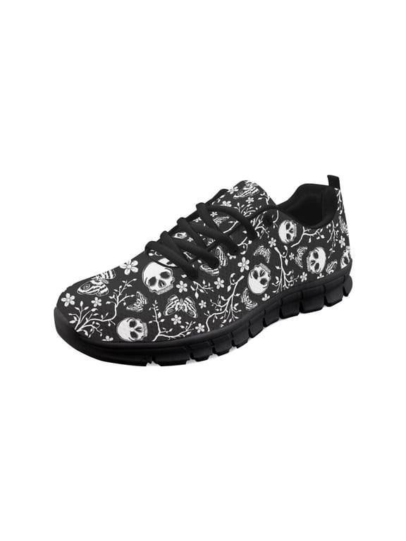 Women Halloween Walking Shoes Lace-up Black Sole Sneakers Hiking Camping Soft Training Athletic Footwear Tennis Shoes, Gothic Skull Butterfly Floral
