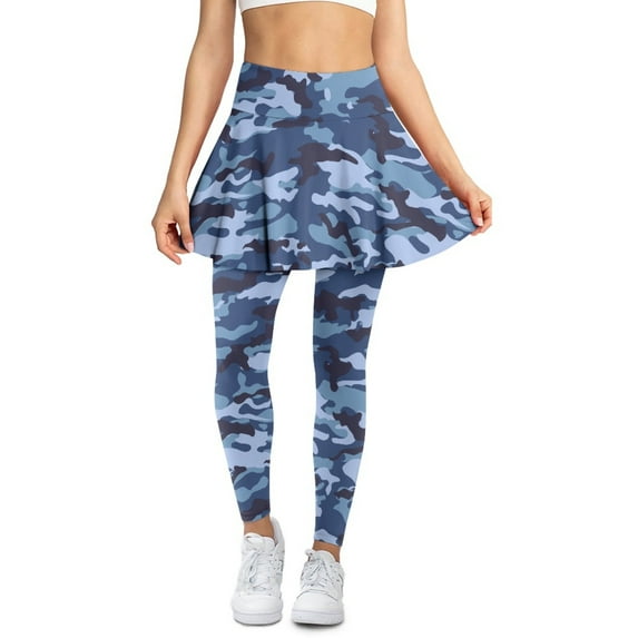 COEQINE Women High Waist Tennis Skirted Legging with Pockets Breathable Elastic Soft Golf Leggings with Skirts Dark Blue Camouflage Print Full Length Yoga Pants, S