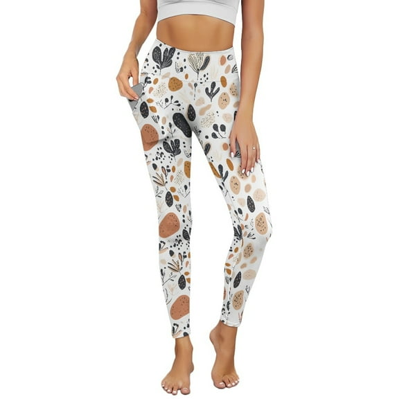 COEQINE Women High Waisted Yoga Leggings with Pockets Tummy Control 4-Way Stretch No See Through Tights Elastic Hip Lift Running Workout Pant, Abstract Boho Geometric Art White, XS