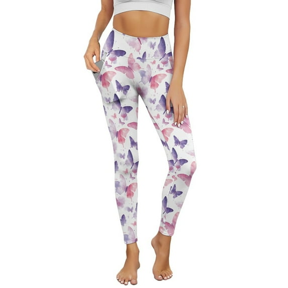 COEQINE Women High Waisted Yoga Pants with Pockets Tummy Control 4-Way Stretch Buttery Soft Athletic Leggings Violet Pink Butterfly Workout Breathable Hip Lift Tights, XS