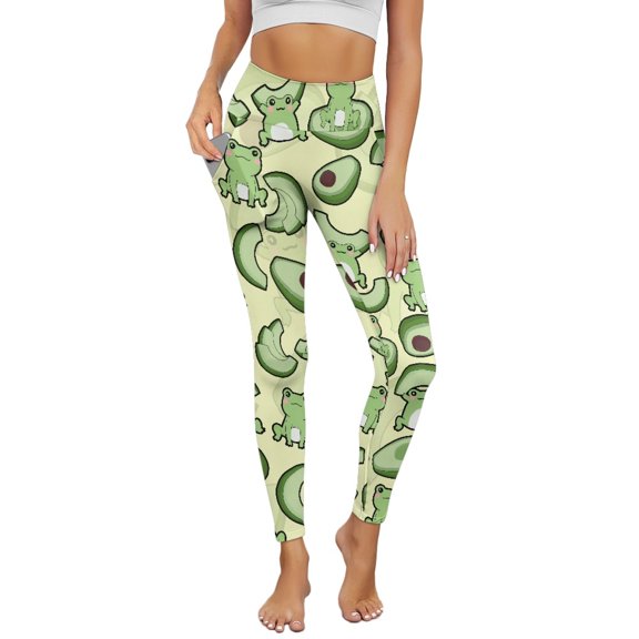 COEQINE Women Hip Lift Yoga Leggings with Pockets High Waisted Buttery Soft Tummy Control Full-Length Pants Frog Avocado Yellow No See Through Comfortable Tights, 3XL