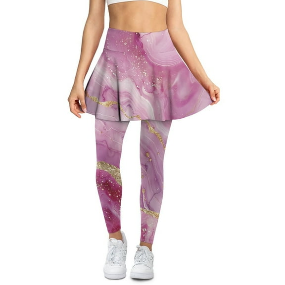 COEQINE Women Ruffle Pleated Tennis Skirted Legging with Pockets Pink Gold Marble Pattern High Waist Yoga Skirts with Leggings for Women Breathable Fashion Golf Leggings, XS