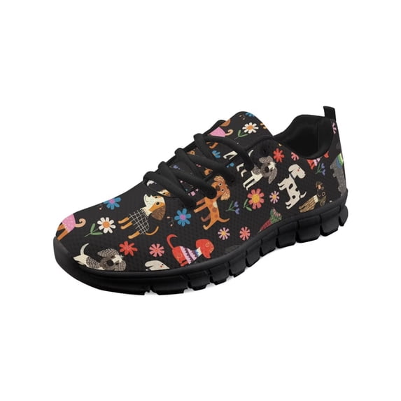 COEQINE Women Running Shoes Lace-up Girls Black Sole Sneakers Hiking Camping Soft Training Athletic Footwear Tennis Shoes, Cute Dog Hippie Flower