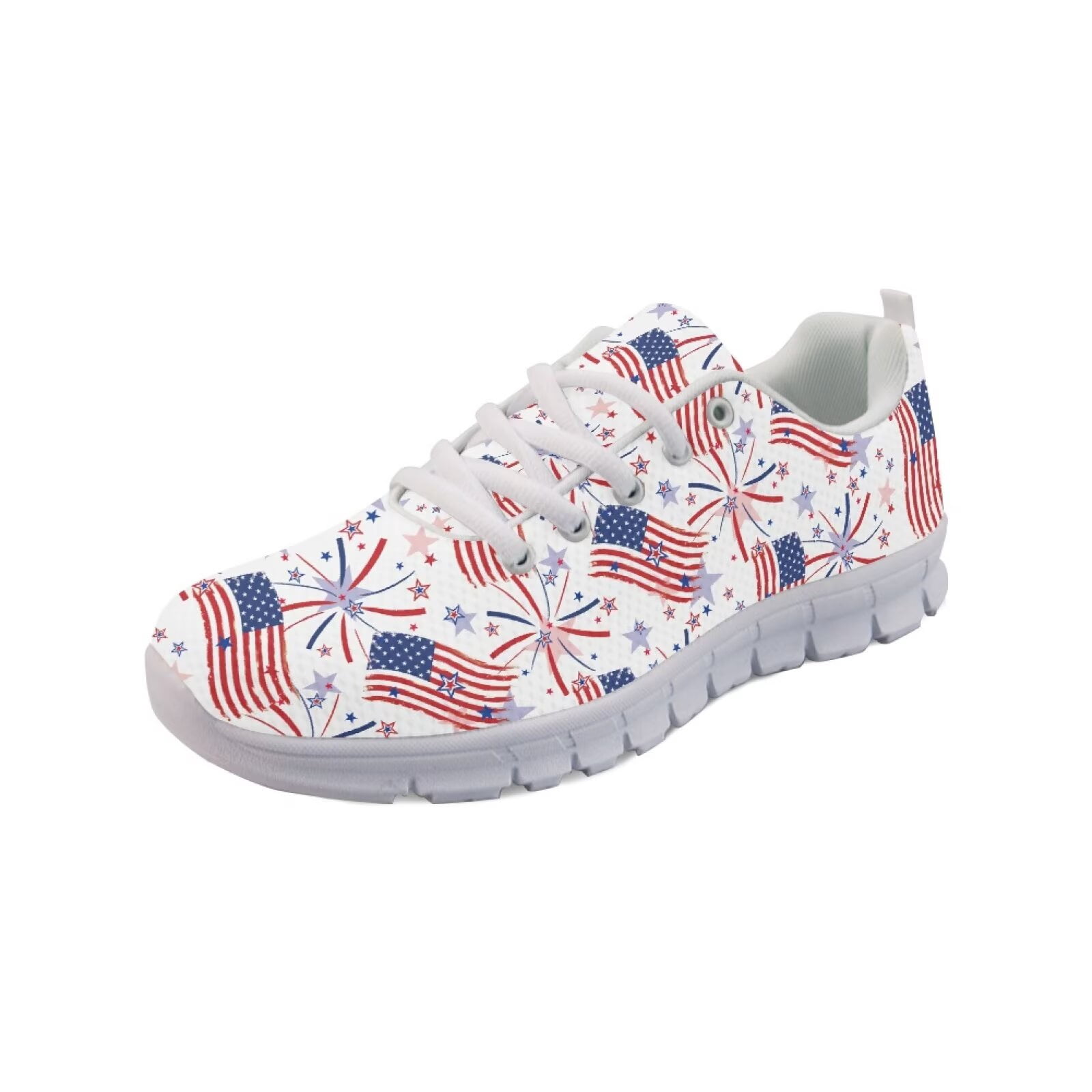 COEQINE Women Running Shoes Lace-up White Sole Girls Sneakers Soft Breathable Mesh Training Athletic Footwear Men Tennis Shoes for July Fourth, American Flag Star Fireworks