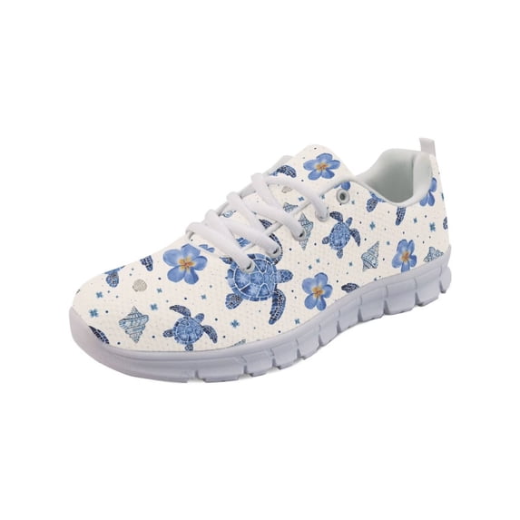 COEQINE Women Running Shoes Lace-up White Sole Girls Sneakers Soft Camping Training Athletic Shoes Tennis Sneakers for Jogging Hiking, Blue Sea Turtle Conch Floral