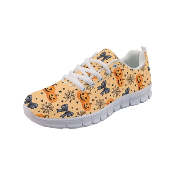 COEQINE Women Running Shoes Lace-up White Sole Sneakers Hiking Camping Soft Breathable Training Athletic Footwear Tennis Shoes, Halloween Pumpkin Cobweb Bow