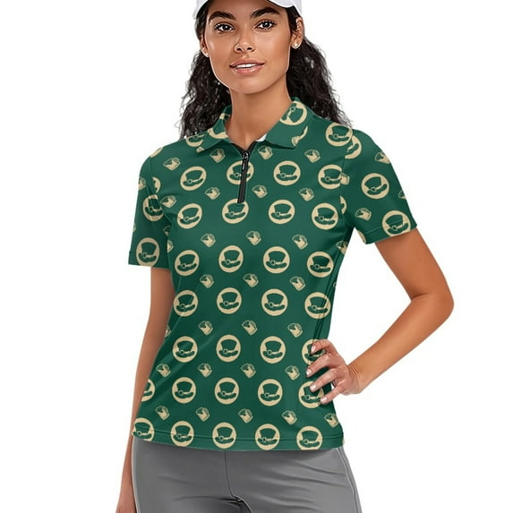 COEQINE Women Short Sleeve Golf Shirts 1/4 Zip Workout Golf Tops Leprechaun Hat and Glass Green Print Lightweight Polo Shirts Pullover Athletic Tops for St. Patrick's Day, XS