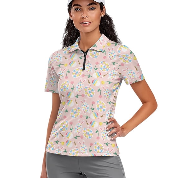 COEQINE Women Short Sleeve Golf Shirts Easter Egg Tulip Brush Pen Print Moisture Wicking Golf Polo Tops Quick Dry Fit Lightweight Tennis Activewear V Neck 1/4 Zip Sportswear, XS
