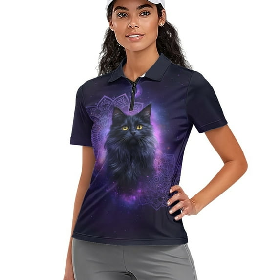 COEQINE Women Short Sleeve Golf Shirts Lightweight Workout Polo Shirts Black Cat and Boho Mandela Purple Print Quick Dry Fit Golf Tops Pullover 1/4 Zip Athletic Tops, M
