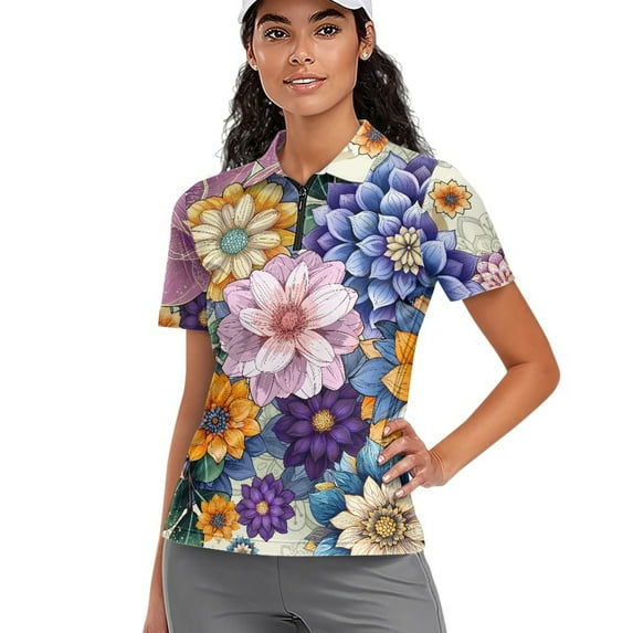 COEQINE Women Short Sleeve Golf Shirts Moisture Wicking Soft Quick Dry Fit Golf Tops Colorful Boho Mandela Print Lightweight Polo Shirts Pullover Workout Athletic Tops, 2XL