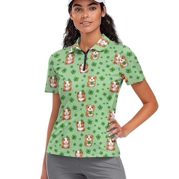 COEQINE Women Short Sleeve Golf Shirts Soft Quick Dry Fit Golf Tops Cavy Shamrock Green Print Lightweight Tennis Activewear 1/4 Zip Moisture Wicking Polo Shirts for St. Patrick's Day, 2XL