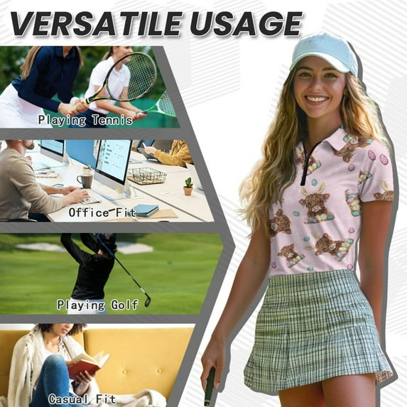 COEQINE Women Short Sleeve Golf Shirts V Neck 1/4 Zip Soft Golf Tops Love Pink Heart and Hot Air Balloon Print Lightweight Polo Shirts Quick Dry Fit Sportswear for Valentine's Day, 2XL