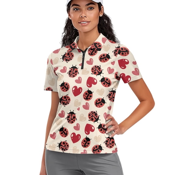 COEQINE Women Short Sleeve Golf Shirts for Valentine's Day Moisture Wicking 1/4 Zip Golf Polo Tops Quick Dry Fit Workout Sportswear Ladybug and Heart Print Tennis Activewear, XS