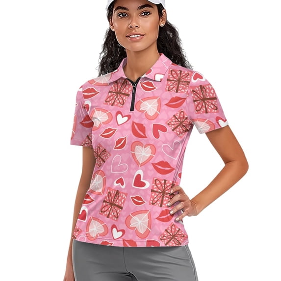COEQINE Women Short Sleeve Golf Shirts for Valentine's Day V Neck Quick Dry Fit 1/4 Zip Golf Polo Tops Pullover Workout Athletic Tops Lip Gift Set Heart Pink Print Sportswear, XS