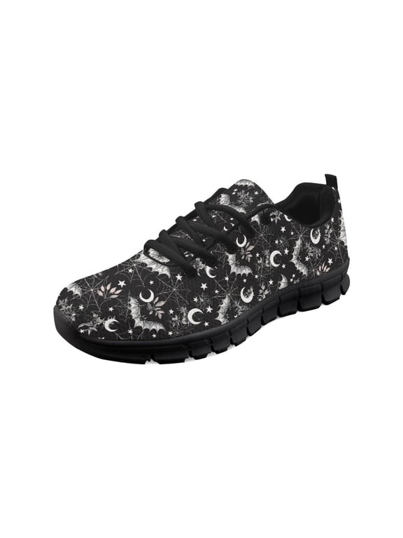 Women Sneakers Bat Moon Star Spider Web Print Running Athletic Shoes Anti-Slip Black Sole Halloween Tennis Footwear for Travel Mens Soft Training Shoes