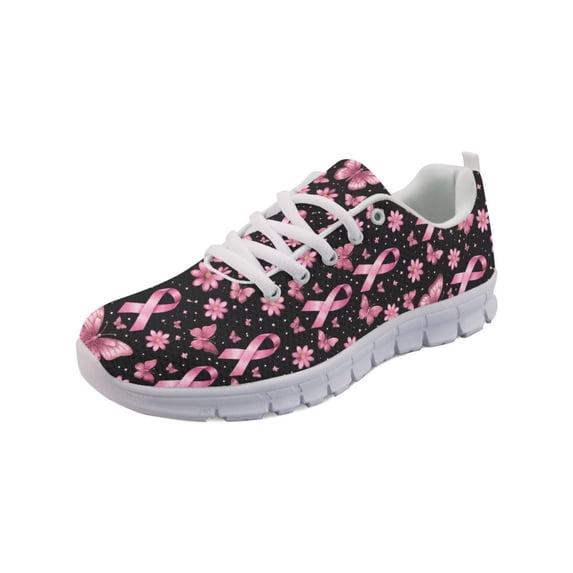 COEQINE Women Sneakers Breast Cancer Awareness Ribbons Running Walking Shoes White Sole Tennis Shoes Travel Casual Breathable Mesh Footwear, Pink Ribbon Flower Butterfly