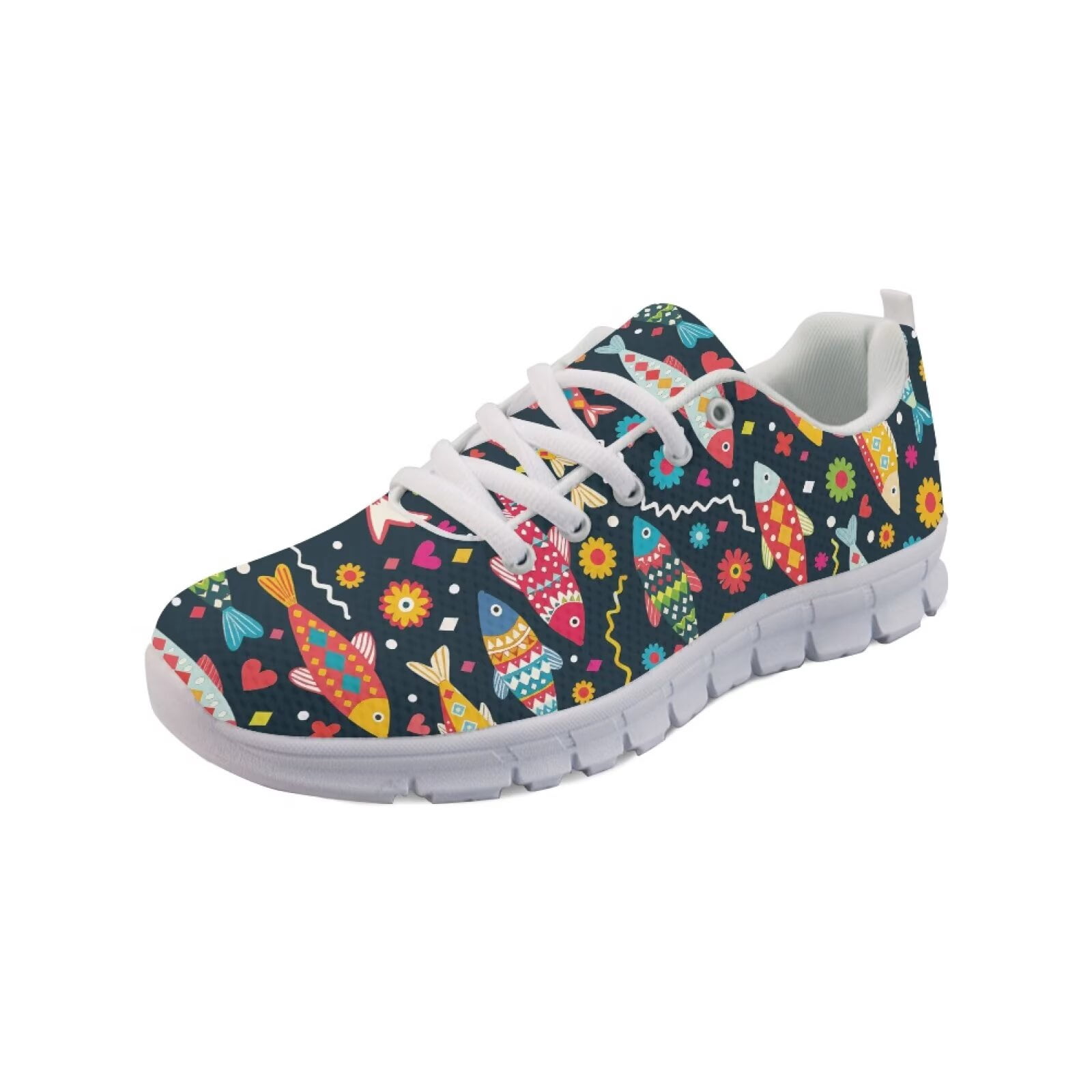 COEQINE Women Sneakers Girls Running Athletic Footwear Anti-Slip Mens Tennis Shoes for Indoor Outdoor Soft Training Shoes, Colorful Fish Hippie Flower